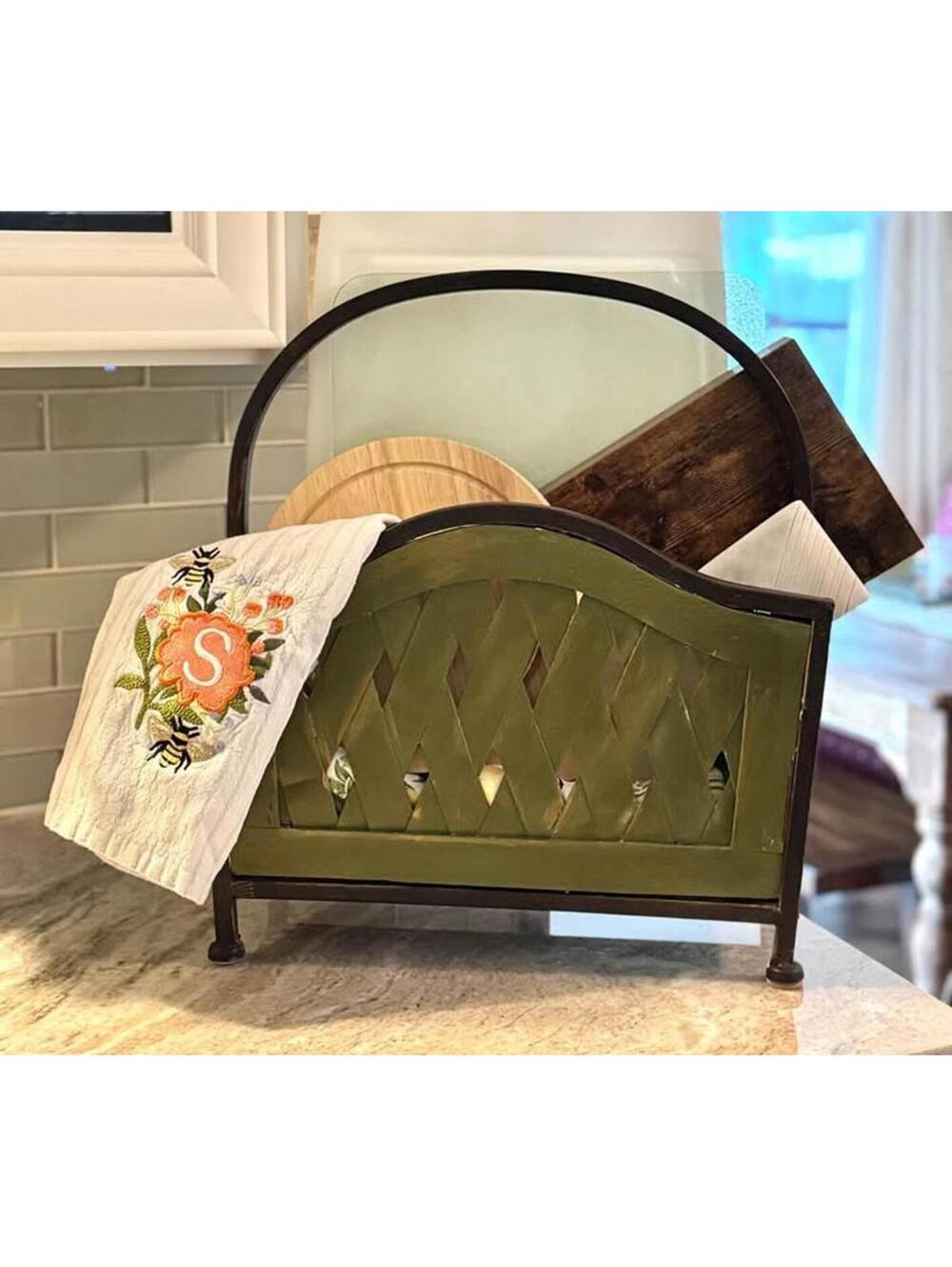 Green Hand Painted Poly Sealed Multipurpose Basket w Handle, Farmhouse, Vintage